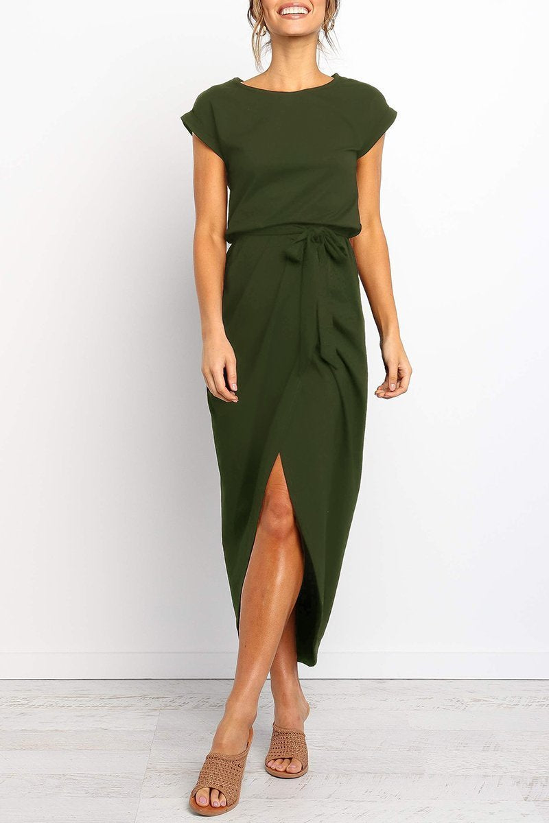 Effortless Knit Midi Dress for Women with Round Neck Cap Sleeve Wrap Tie Waist Slit Casual Style