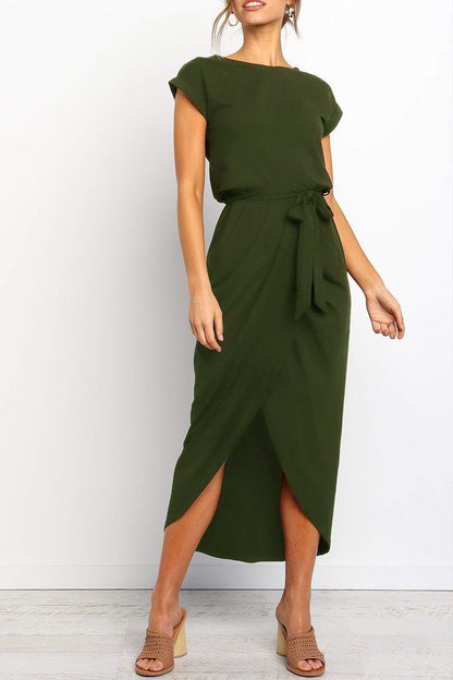 Effortless Knit Midi Dress for Women with Round Neck Cap Sleeve Wrap Tie Waist Slit Casual Style