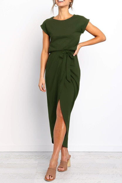 Effortless Knit Midi Dress for Women with Round Neck Cap Sleeve Wrap Tie Waist Slit Casual Style