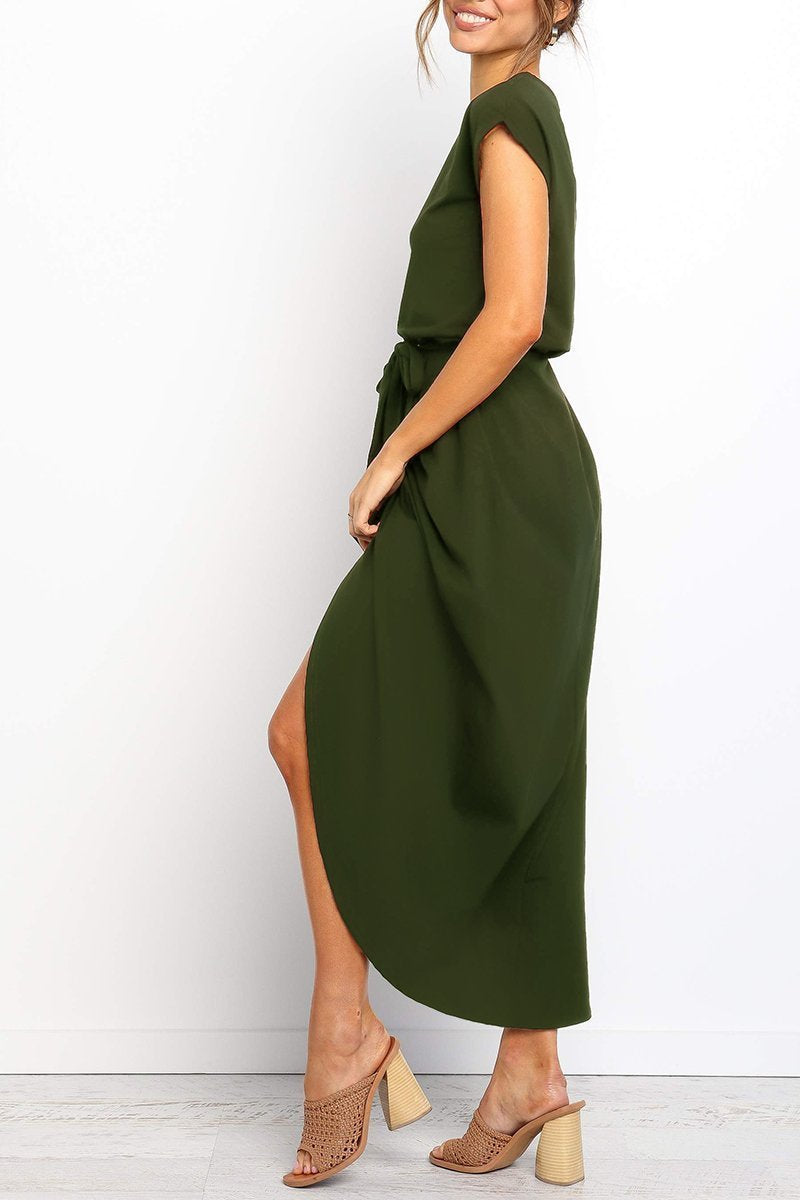 Effortless Knit Midi Dress for Women with Round Neck Cap Sleeve Wrap Tie Waist Slit Casual Style