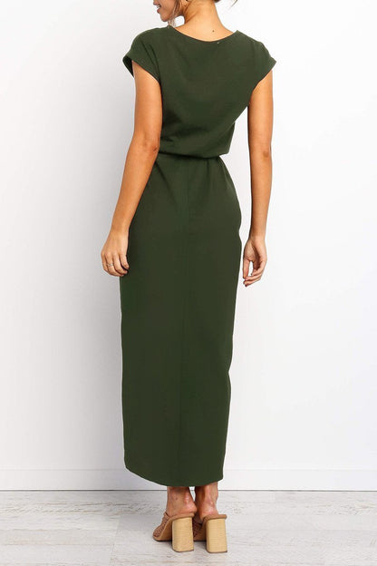 Effortless Knit Midi Dress for Women with Round Neck Cap Sleeve Wrap Tie Waist Slit Casual Style