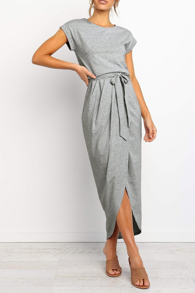 Effortless Knit Midi Dress for Women with Round Neck Cap Sleeve Wrap Tie Waist Slit Casual Style