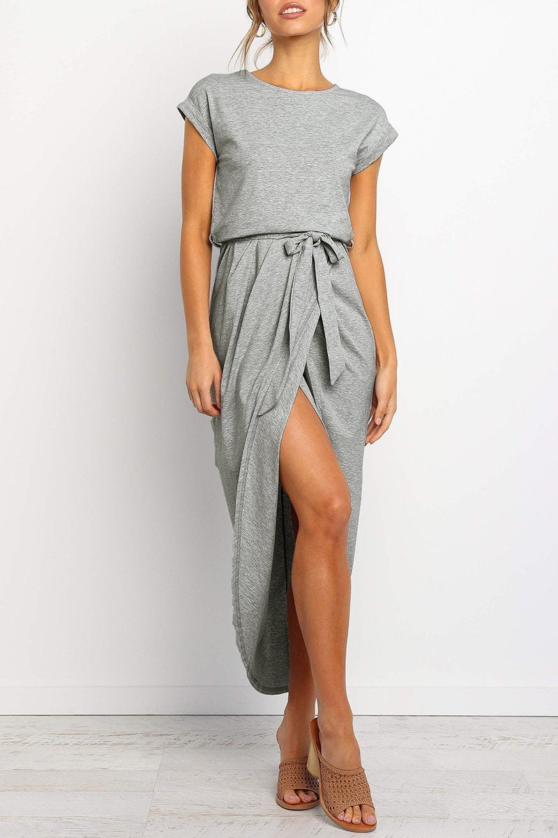 Effortless Knit Midi Dress for Women with Round Neck Cap Sleeve Wrap Tie Waist Slit Casual Style