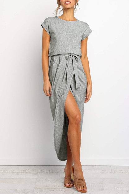 Effortless Knit Midi Dress for Women with Round Neck Cap Sleeve Wrap Tie Waist Slit Casual Style