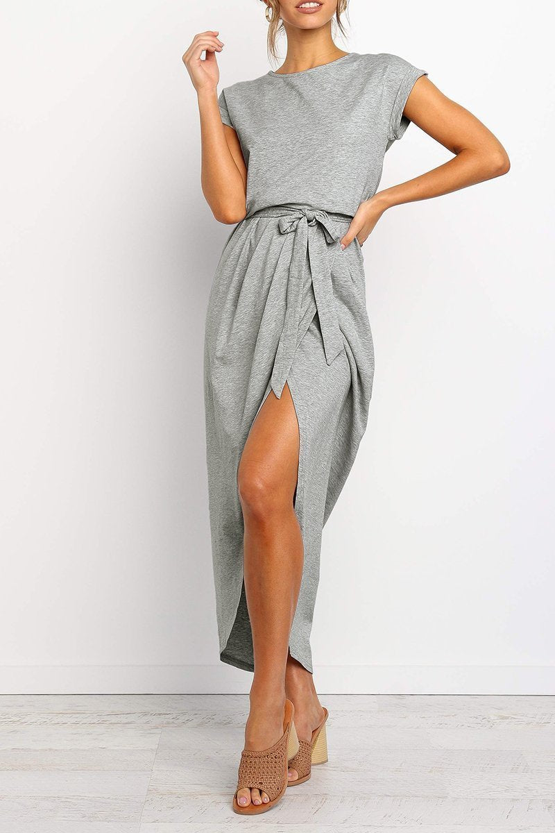 Effortless Knit Midi Dress for Women with Round Neck Cap Sleeve Wrap Tie Waist Slit Casual Style