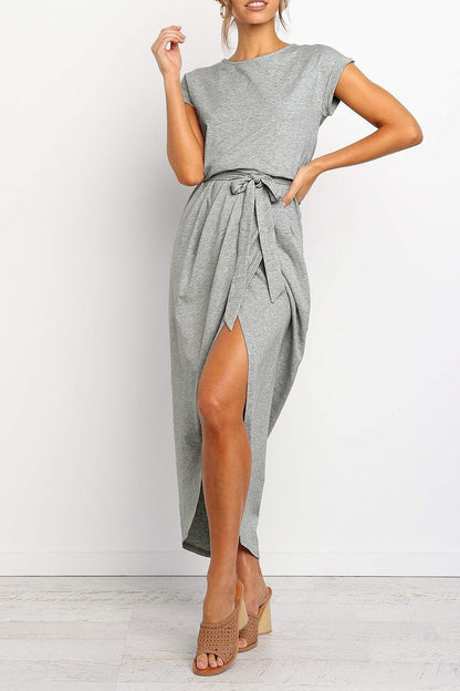 Effortless Knit Midi Dress for Women with Round Neck Cap Sleeve Wrap Tie Waist Slit Casual Style