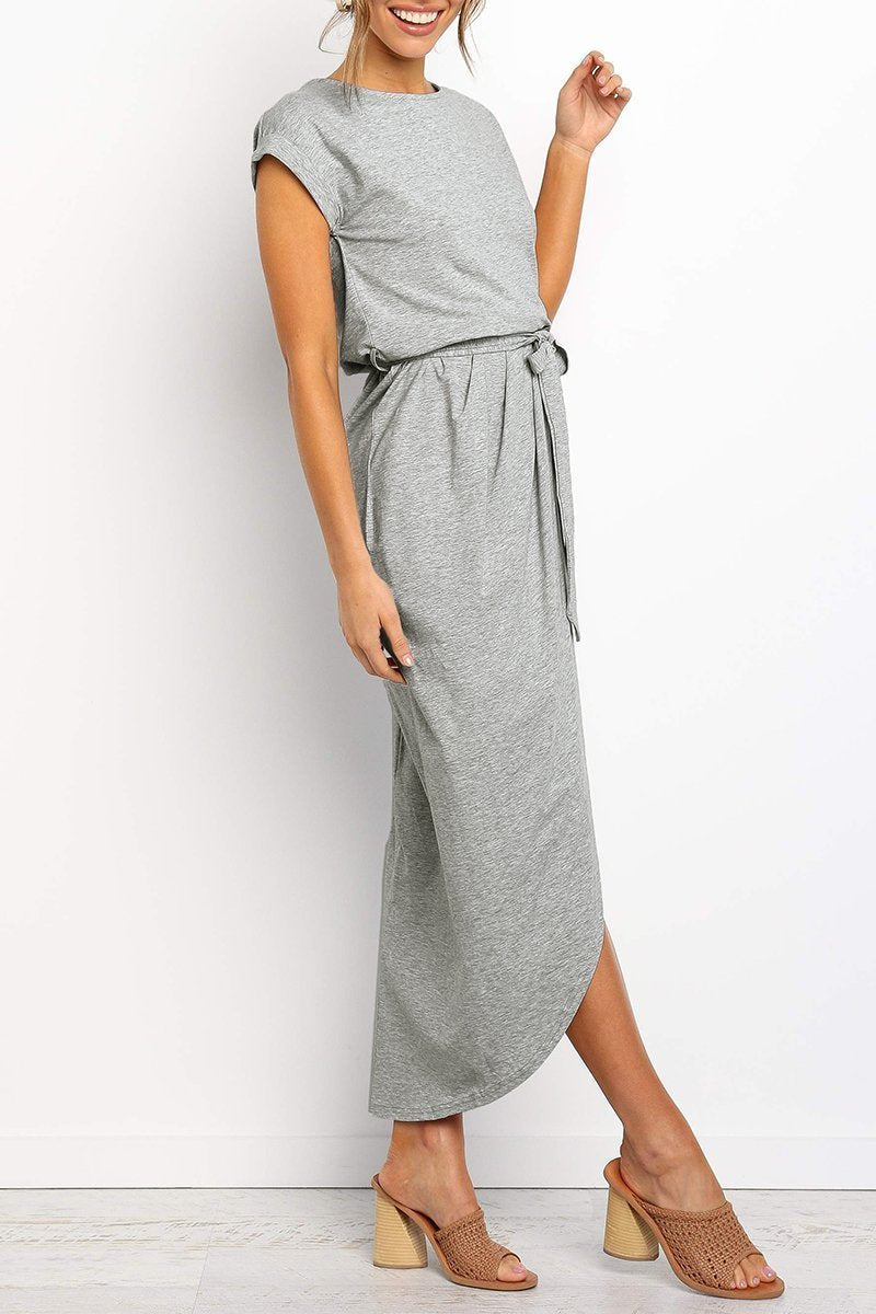 Effortless Knit Midi Dress for Women with Round Neck Cap Sleeve Wrap Tie Waist Slit Casual Style
