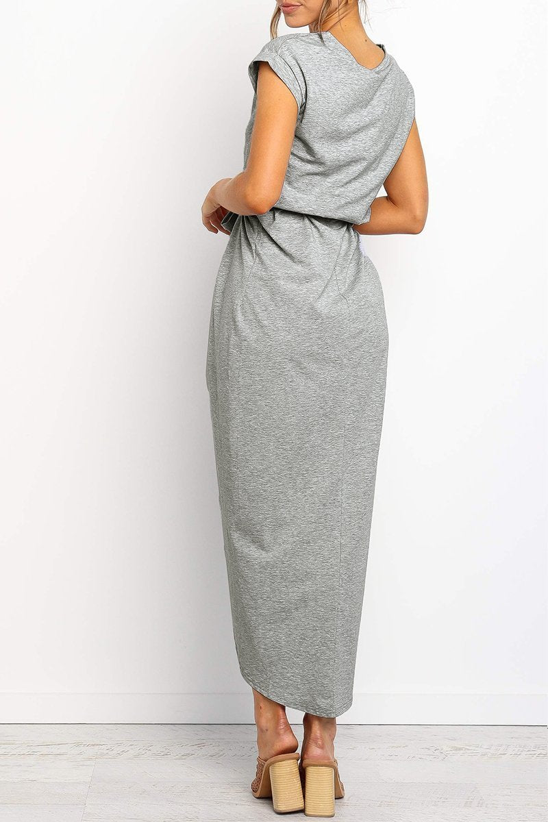 Effortless Knit Midi Dress for Women with Round Neck Cap Sleeve Wrap Tie Waist Slit Casual Style