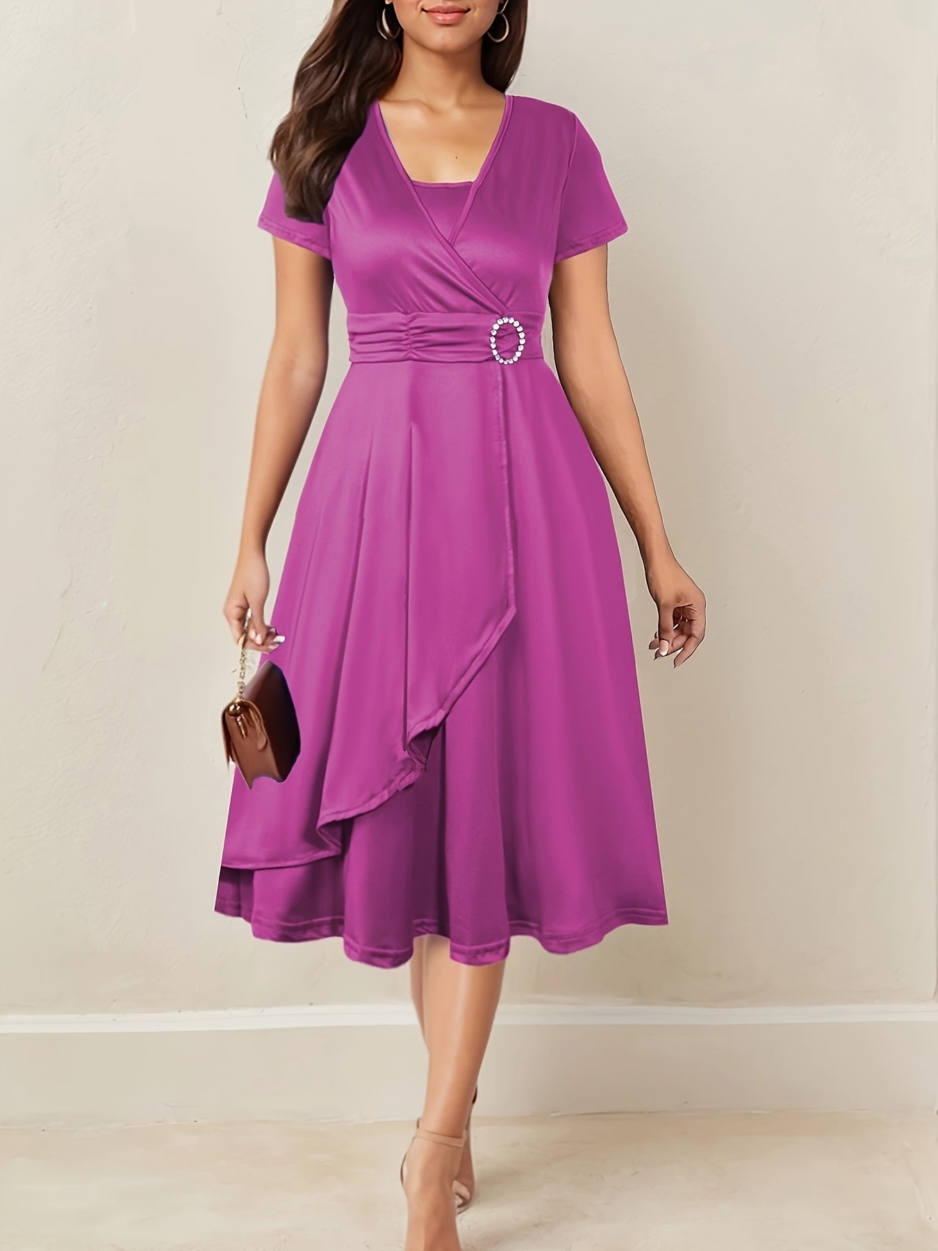 Elegant Ruched Cocktail Dress for Women with Surplice Neck Short Sleeve Asymmetrical Ruffle Hem Formal Wedding Guest Style
