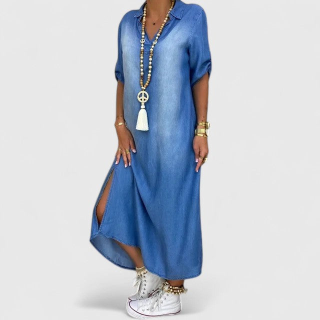 Effortless Blue Denim Maxi Dress for Women with Collar Elbow Sleeve Side Slit Casual Style