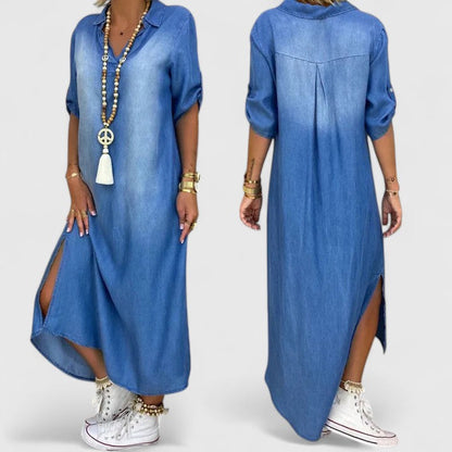 Effortless Blue Denim Maxi Dress for Women with Collar Elbow Sleeve Side Slit Casual Style