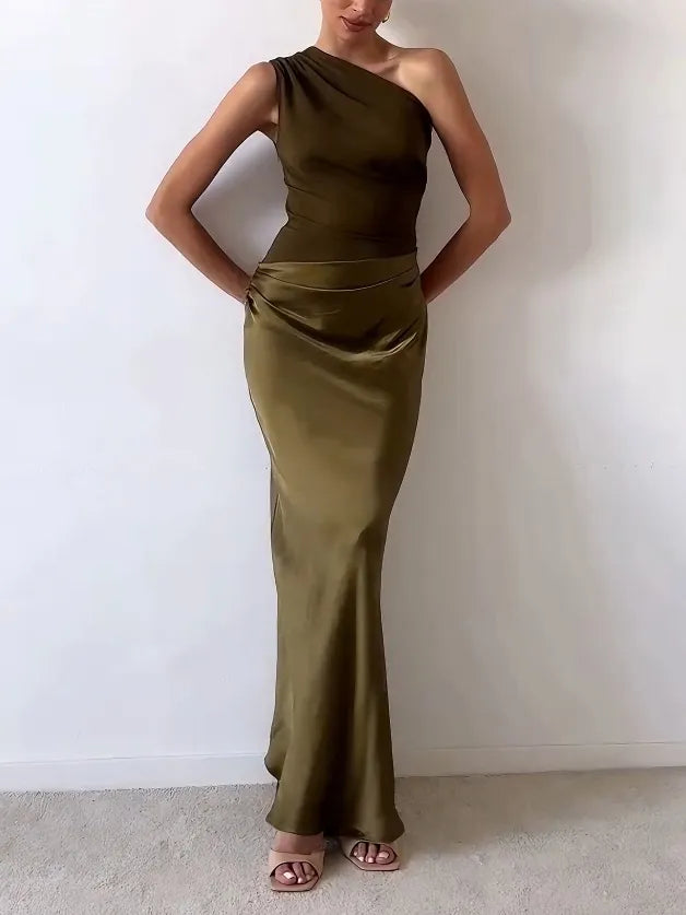 Elegant Satin Maxi Dress for Women with One Shoulder Ruched Waist Bias Cut Formal Wedding Guest Style