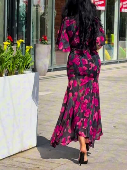Effortless Floral Print Maxi Dress for Women with V-Neck Trumpet Sleeve