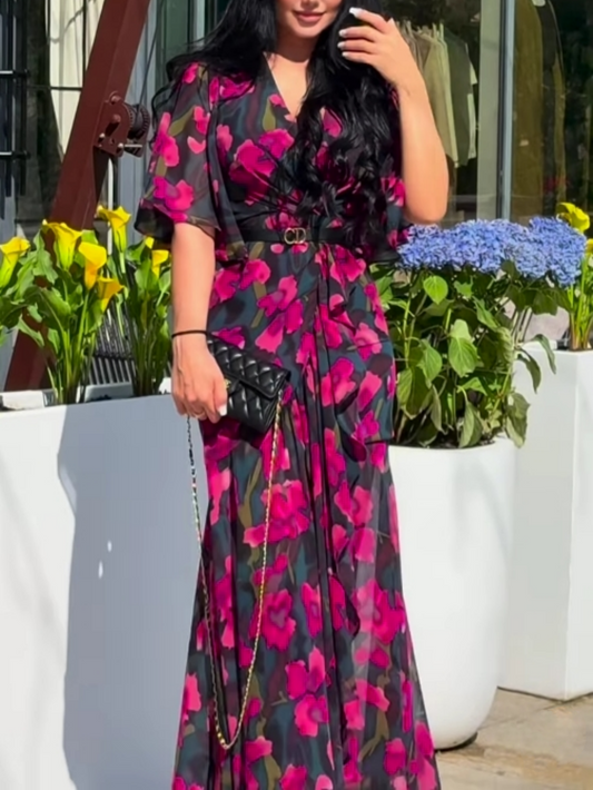 Effortless Floral Print Maxi Dress for Women with V-Neck Trumpet Sleeve