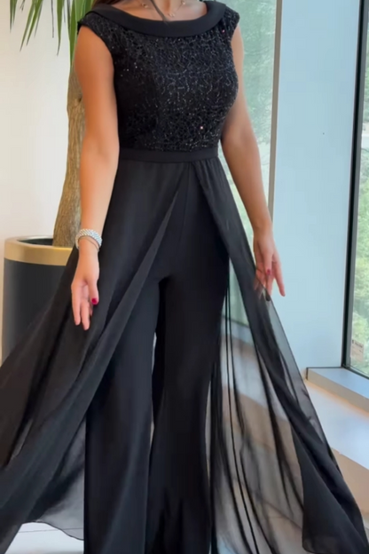 Elegant Black Sequin Jumpsuit for Women with Tulle Wide Leg and Crew Neck