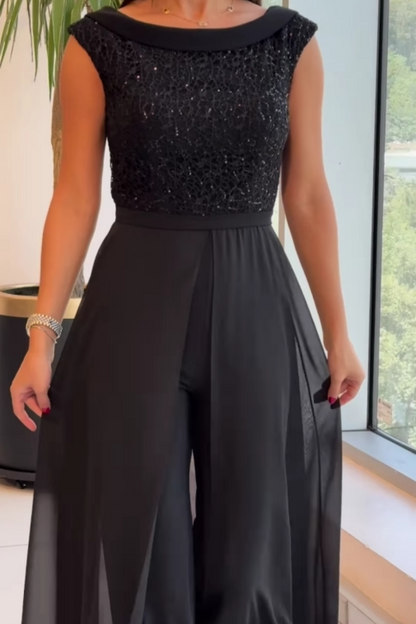 Elegant Black Sequin Jumpsuit for Women with Tulle Wide Leg and Crew Neck