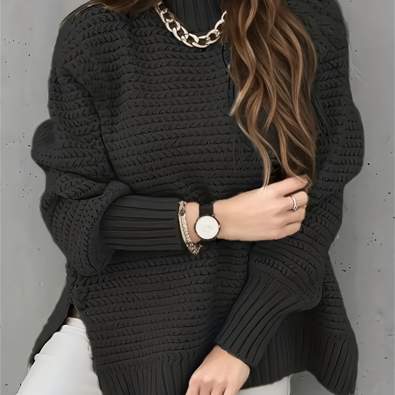 Comfortable Textured Knit Sweater for Women with Mock Neck Long Sleeve Ribbed Cuff Relaxed Oversized Style