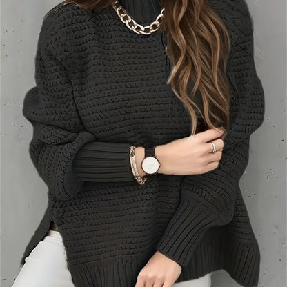 Comfortable Textured Knit Sweater for Women with Mock Neck Long Sleeve Ribbed Cuff Relaxed Oversized Style