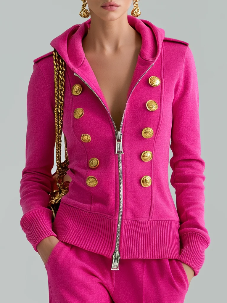 Sporty Pink Two Piece Sweatsuit for Women with Hooded Zip Up Top Jogger Pants Lounge Style
