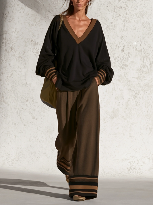 Chic Two Piece Set for Women with V Neck Loose Top Brown Wide Leg Pants Relaxed Lounge Style