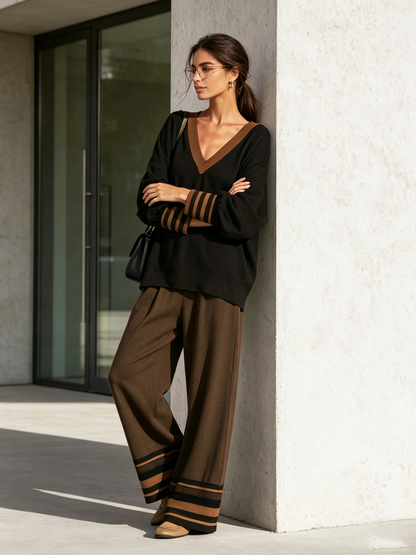 Chic Two Piece Set for Women with V Neck Loose Top Brown Wide Leg Pants Relaxed Lounge Style