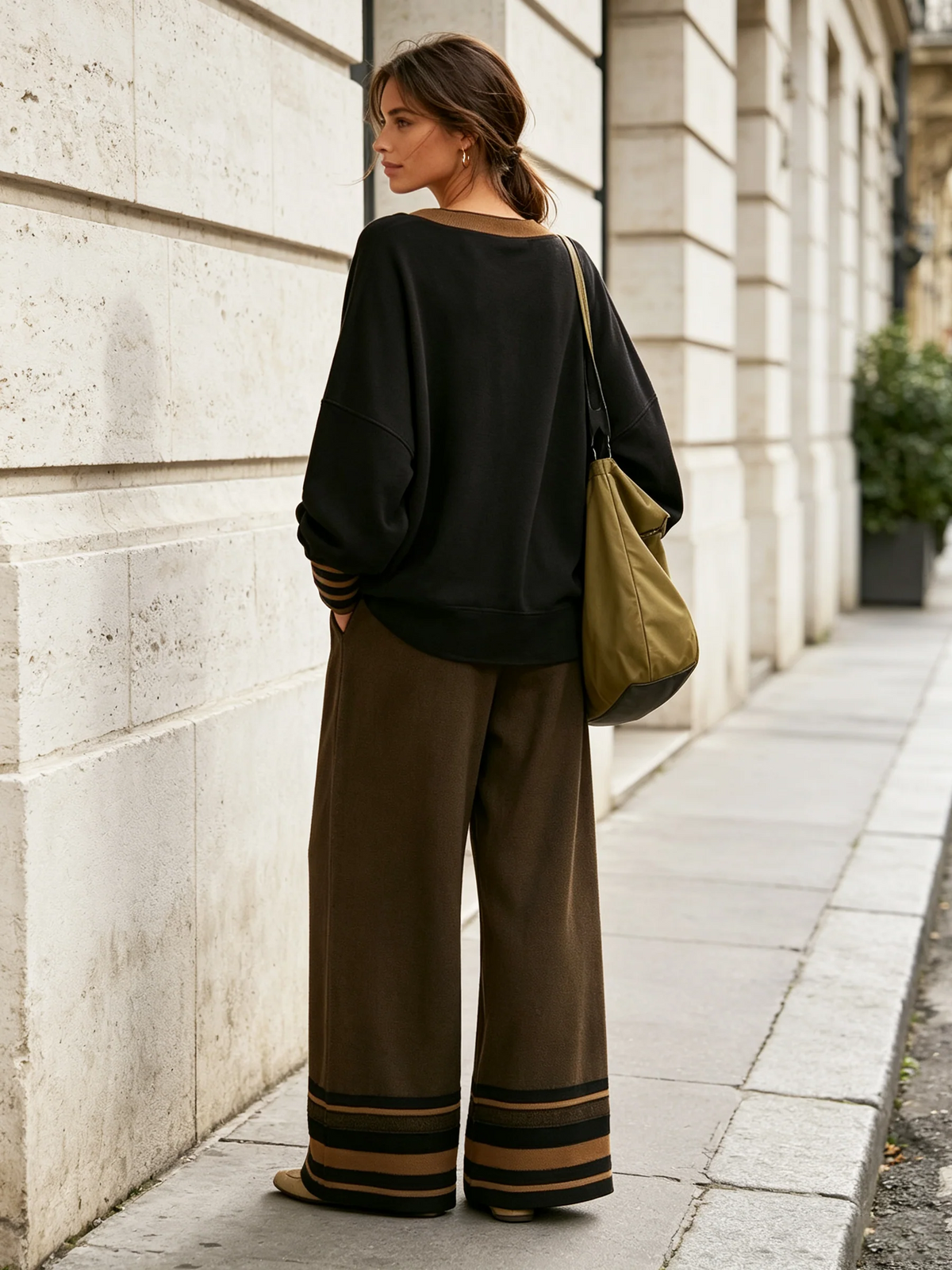 Chic Two Piece Set for Women with V Neck Loose Top Brown Wide Leg Pants Relaxed Lounge Style