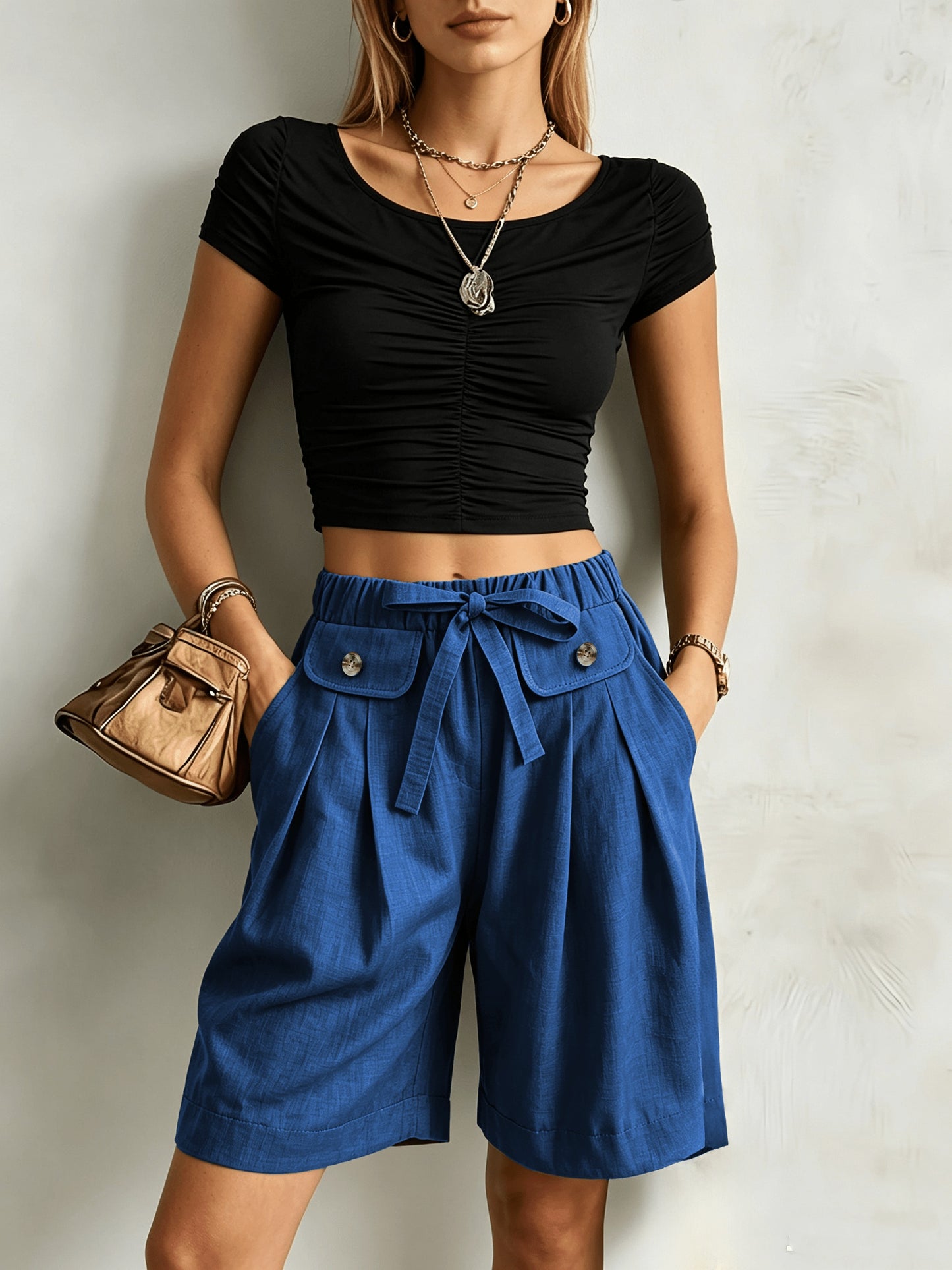 Effortless Wide Leg Bermuda Shorts for Women with High Waist Tie Belt Button Pocket Relaxed Casual Style