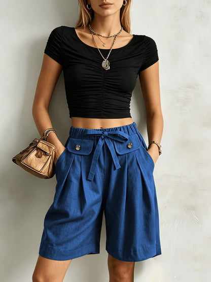 Effortless Wide Leg Bermuda Shorts for Women with High Waist Tie Belt Button Pocket Relaxed Casual Style