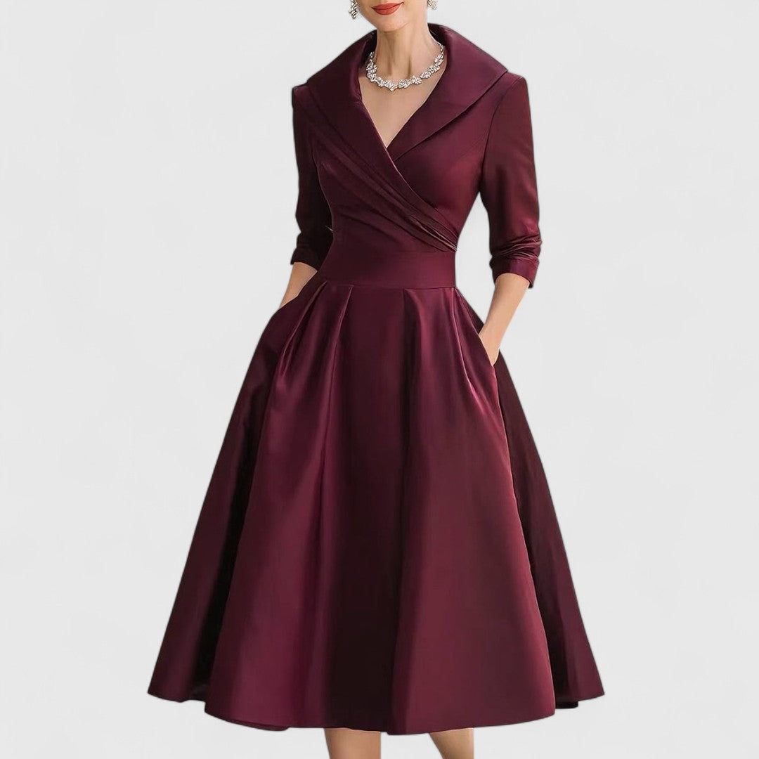 Elegant Satin Midi Dress for Women with Elbow Sleeve Shawl Collar Wrap Bodice Formal Wedding Guest Style