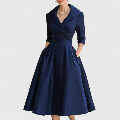 Elegant Satin Midi Dress for Women with Elbow Sleeve Shawl Collar Wrap Bodice Formal Wedding Guest Style