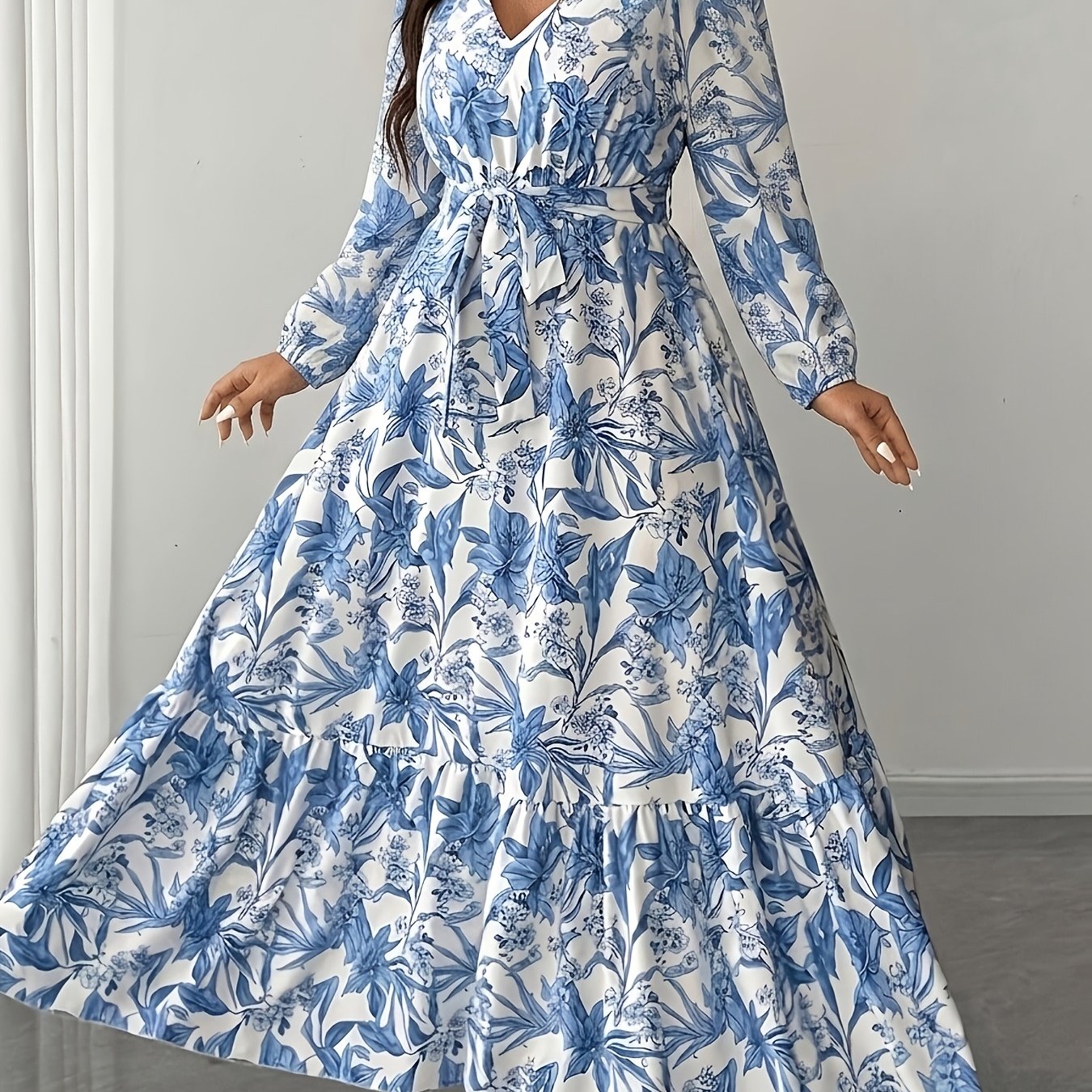 Elegant Floral Long Sleeve Maxi Dress for Women with V Neck Wrap Tie Waist Ruffle Hem Bohemian Style