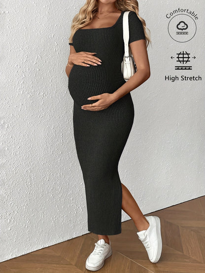 Comfortable Ribbed Knit Maternity Maxi Dress for Women with Square Neck Short Sleeve Bodycon Side Slit Style