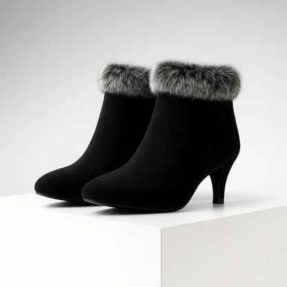 Chic Suede Fur Boots for Women with Pointed Toe Kitten Heel Cozy Winter Style