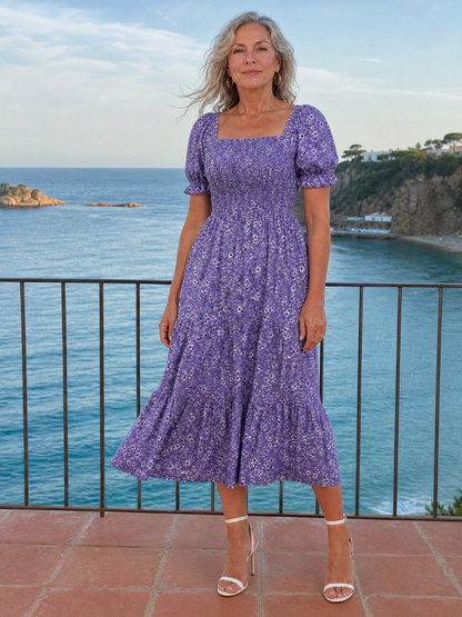 Effortless Floral Midi Dress for Women with Square Neck Puff Sleeve Smocked Bodice A Line Casual Style