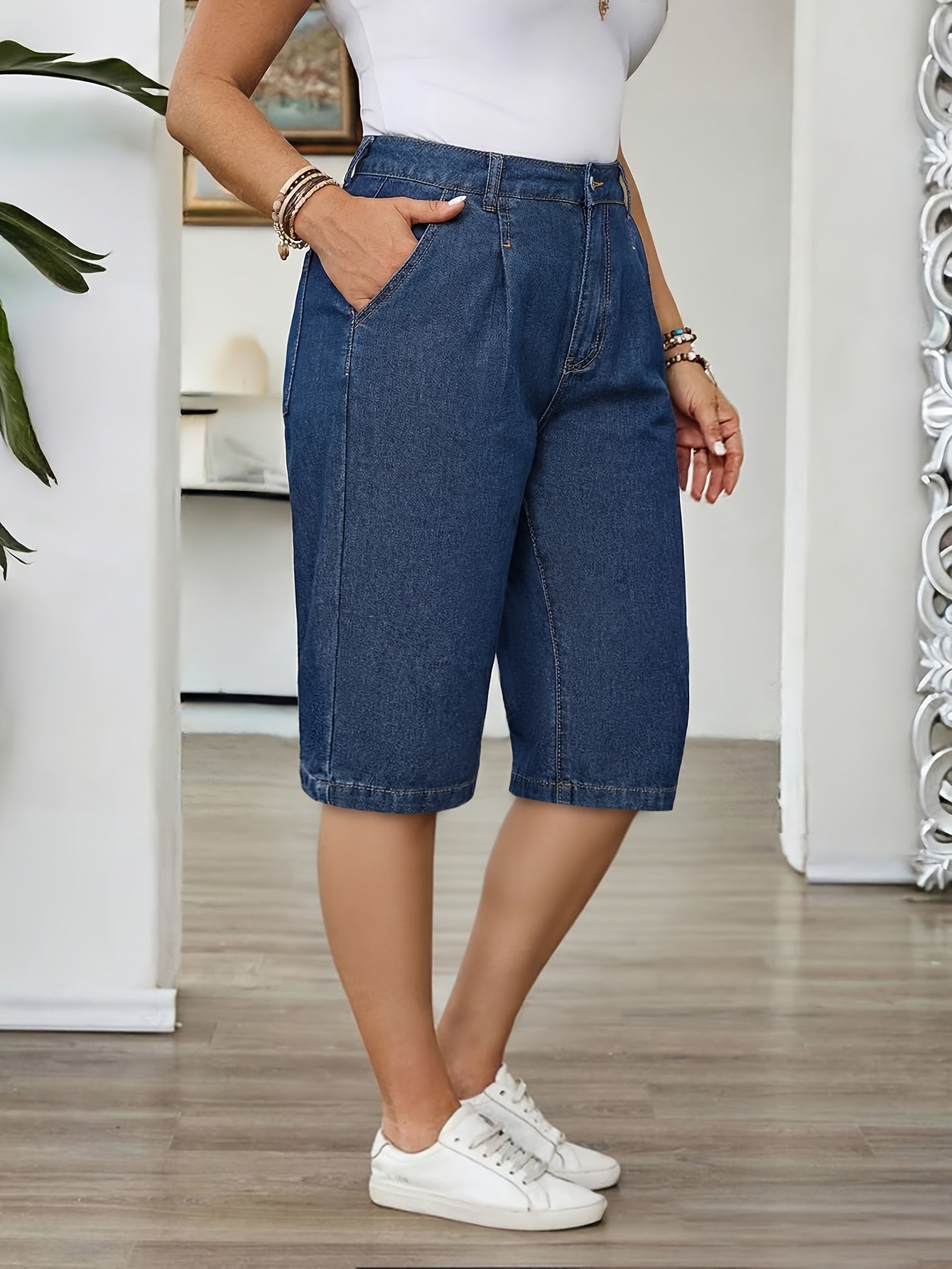 Effortless Blue Denim Bermuda Jean Shorts for Women with High Waist Pleated Wide Leg