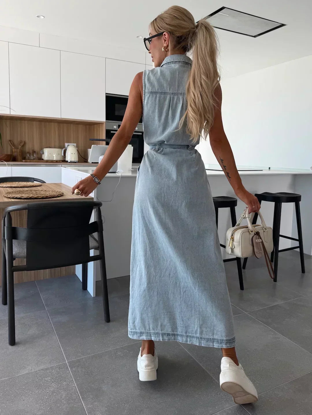 Effortless Denim Dress for Women with Collar Sleeveless Button Front Belted Style