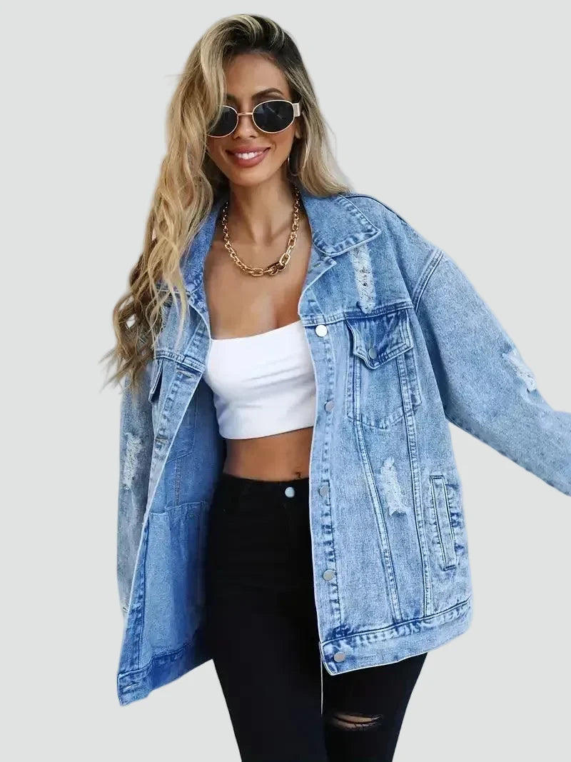 Effortless Light Blue Denim Jacket for Women with Spread Collar Long Sleeve Distressed Oversized Style