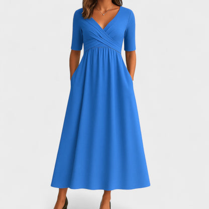 Comfortable Maxi Dress for Women with Surplice V Neck Short Sleeve Pockets Jersey Relaxed Style