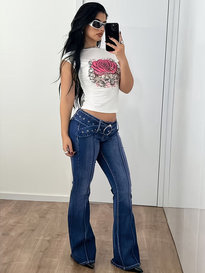 Effortless Medium Blue Flare Jeans for Women with Low Rise Belted Grommet Contrast Stitch Style