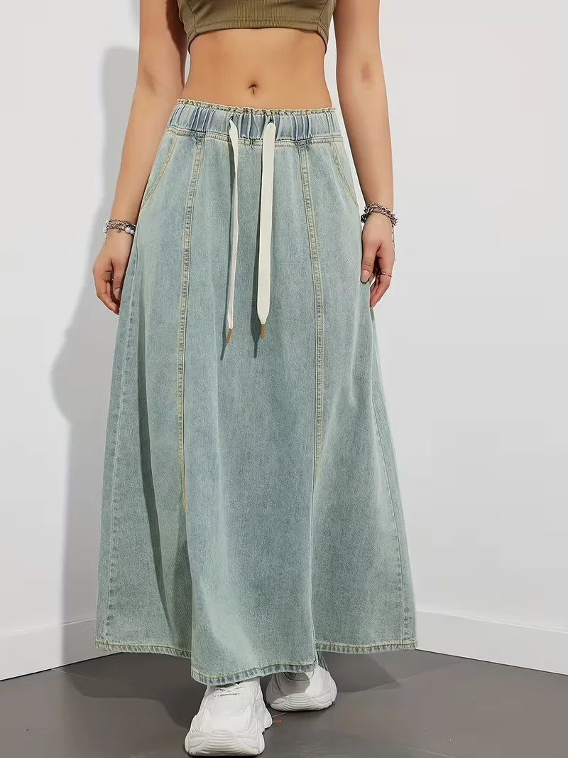 Effortless Denim Skirt for Women with High Waist Drawstring A Line Side Slit Style