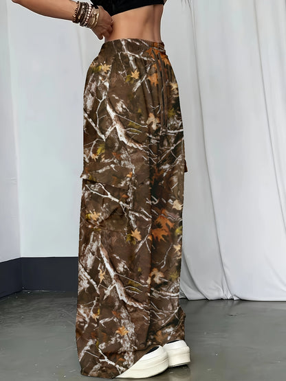 Effortless Camo Pants for Women with High Waist Drawstring Cargo Pocket Wide Leg Relaxed Style