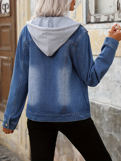 Effortless Blue Jean Jacket for Women with Hooded Collar Long Sleeve Button Front Relaxed Style
