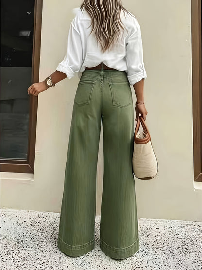 Effortless Fern Green High Waisted Jeans for Women with Wide Leg Stretch Denim Flare Casual Style