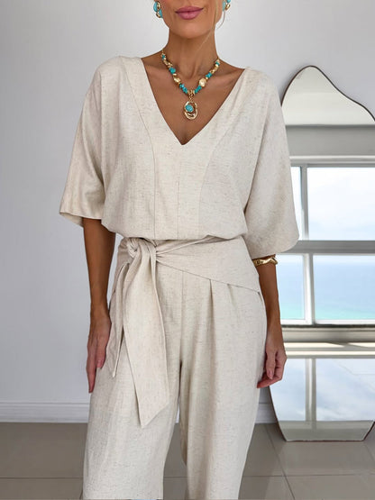Effortless Linen Jumpsuit for Women with V Neck Half Sleeve Wide Leg Tie Waist Relaxed Style