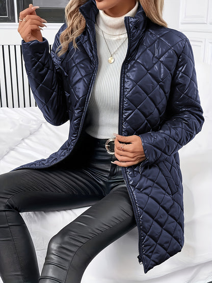 Elegant Coffee Brown Quilted Coat for Women with Stand Collar Long Sleeve Zip Front Longline Style