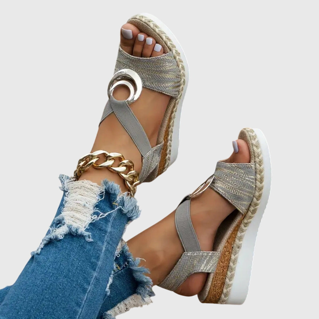 Comfortable Orthopedic Sandals for Women with T-Strap Elastic Band Espadrille Platform Metal Ring Open Toe Style