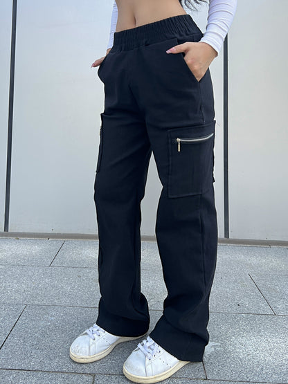 Effortless Black Cargo Pants for Women with High Waist Zip Pocket Wide Leg Relaxed Style