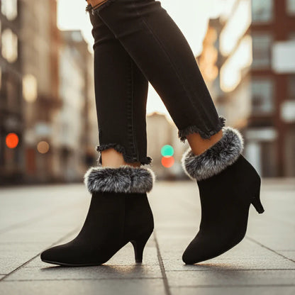 Chic Suede Fur Boots for Women with Pointed Toe Kitten Heel Cozy Winter Style