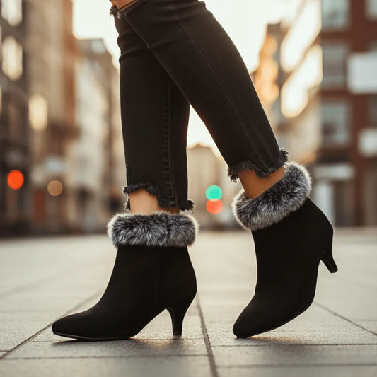Chic Suede Fur Boots for Women with Pointed Toe Kitten Heel Cozy Winter Style