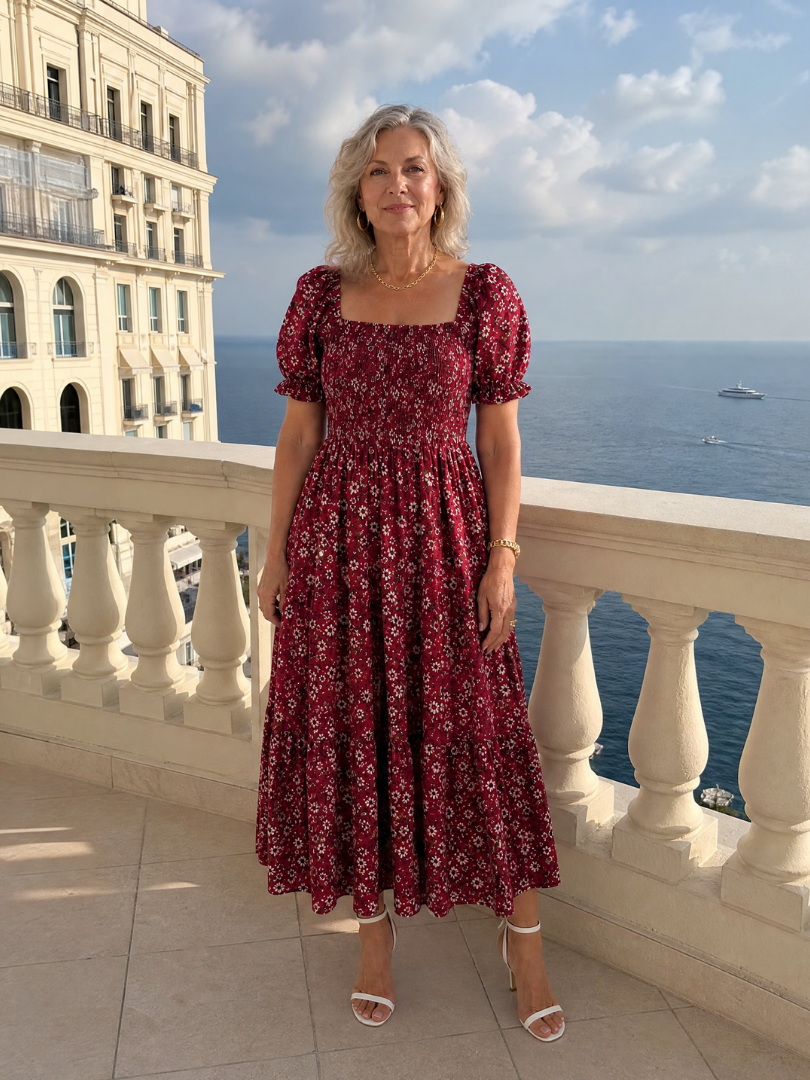 Effortless Floral Midi Dress for Women with Square Neck Puff Sleeve Smocked Bodice A Line Casual Style